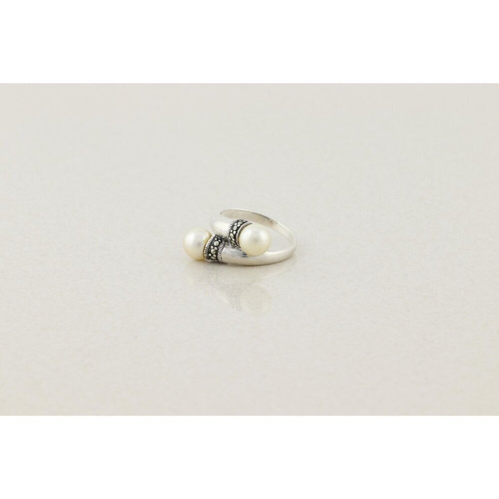 Sterling Silver Pearl and Marcasite Bypass Ring Size 6 3/4 - Picture 4 of 7